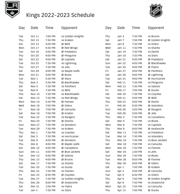LA Kings 2022-23 Season Schedule