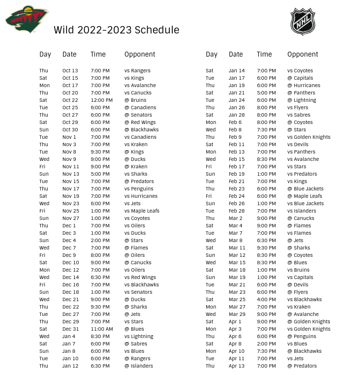 Minnesota Wild 2022-23 Season Schedule