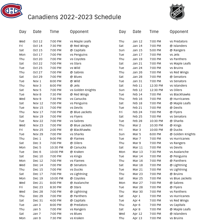 Montreal Canadiens 202223 Season Schedule