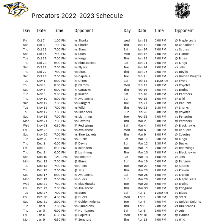 Nashville Predators 2022-23 Season Schedule