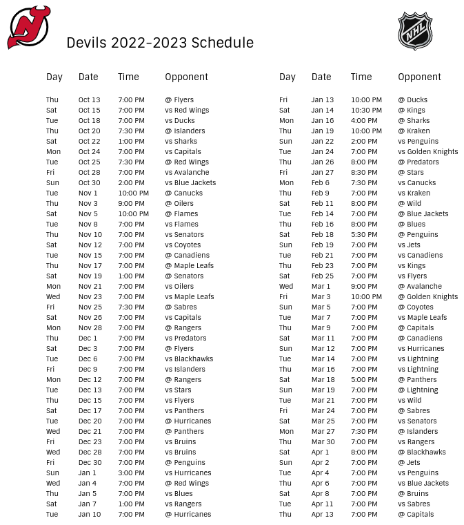 New Jersey Devils 2022-23 Season Schedule