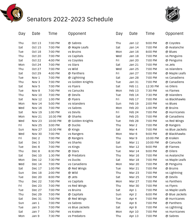 Ottawa Senators 2022-23 Season Schedule