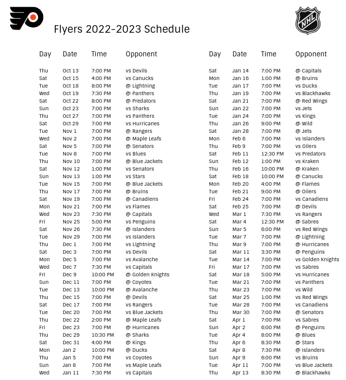 Philadelphia Flyers 2022 23 Season Schedule