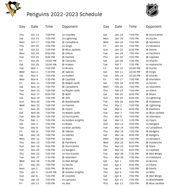 Pittsburgh Penguins 2022-23 Season Schedule