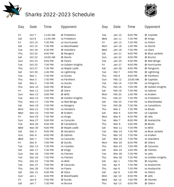 San Jose Sharks 2022-23 Season Schedule