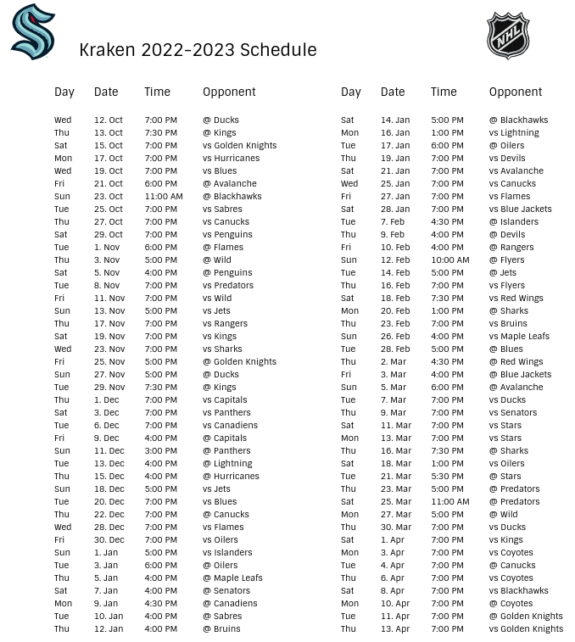 Seattle Kraken 202223 Season Schedule