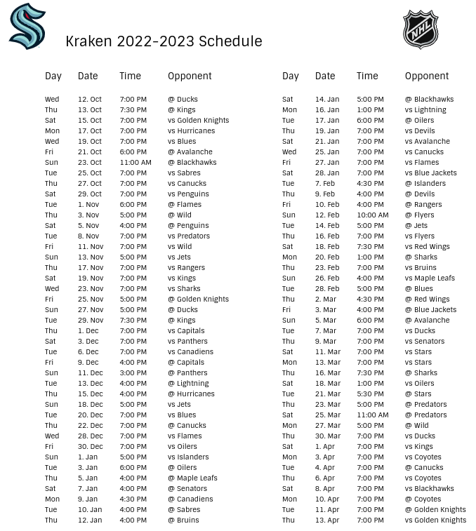 Seattle Kraken 202223 Season Schedule