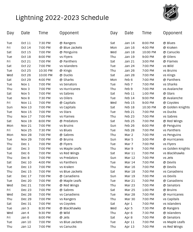 Tampa Bay Lightning 2022-23 Season Schedule