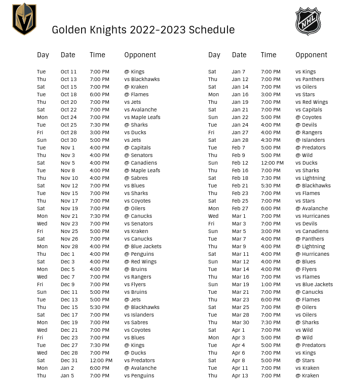 Vegas Golden Knights 2022-23 Season Schedule