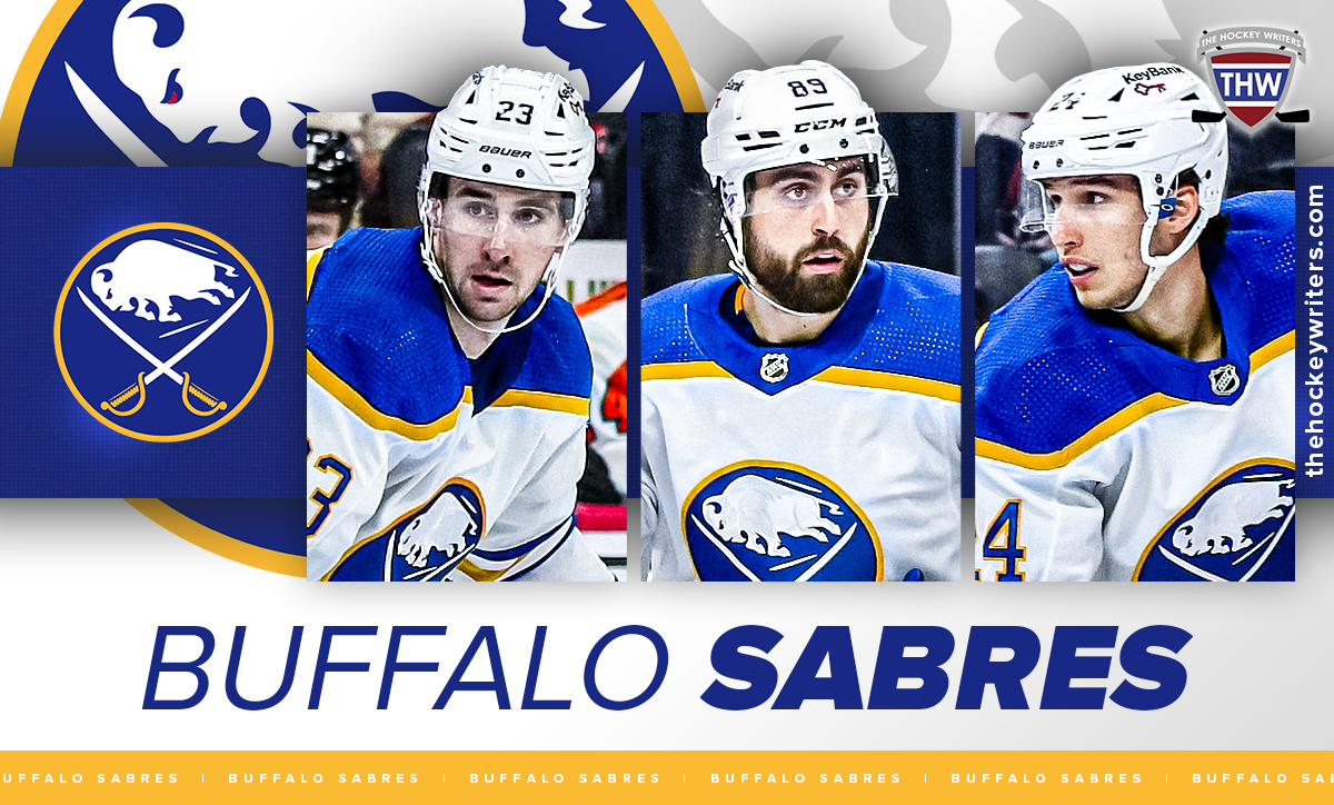 Buffalo Sabres Mattias Samuelsson, Alex Tuch, and Dylan Cozens