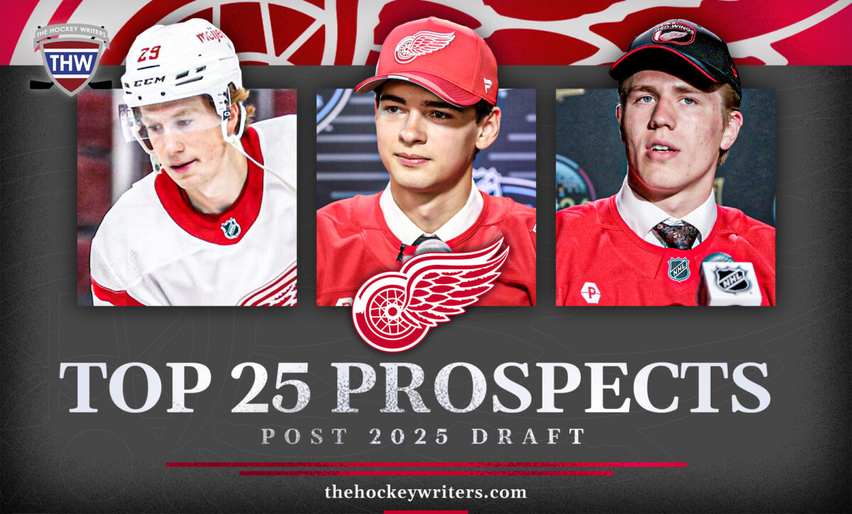 Detroit Red Wings Top-25 Prospects: Post 2025 Draft Nate Danielson, Michael Brandsegg-Nygard and Carter Bear.