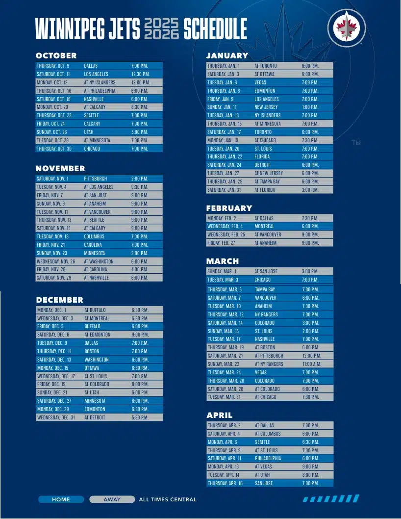 The Winnipeg Jets' 2025-26 schedule.