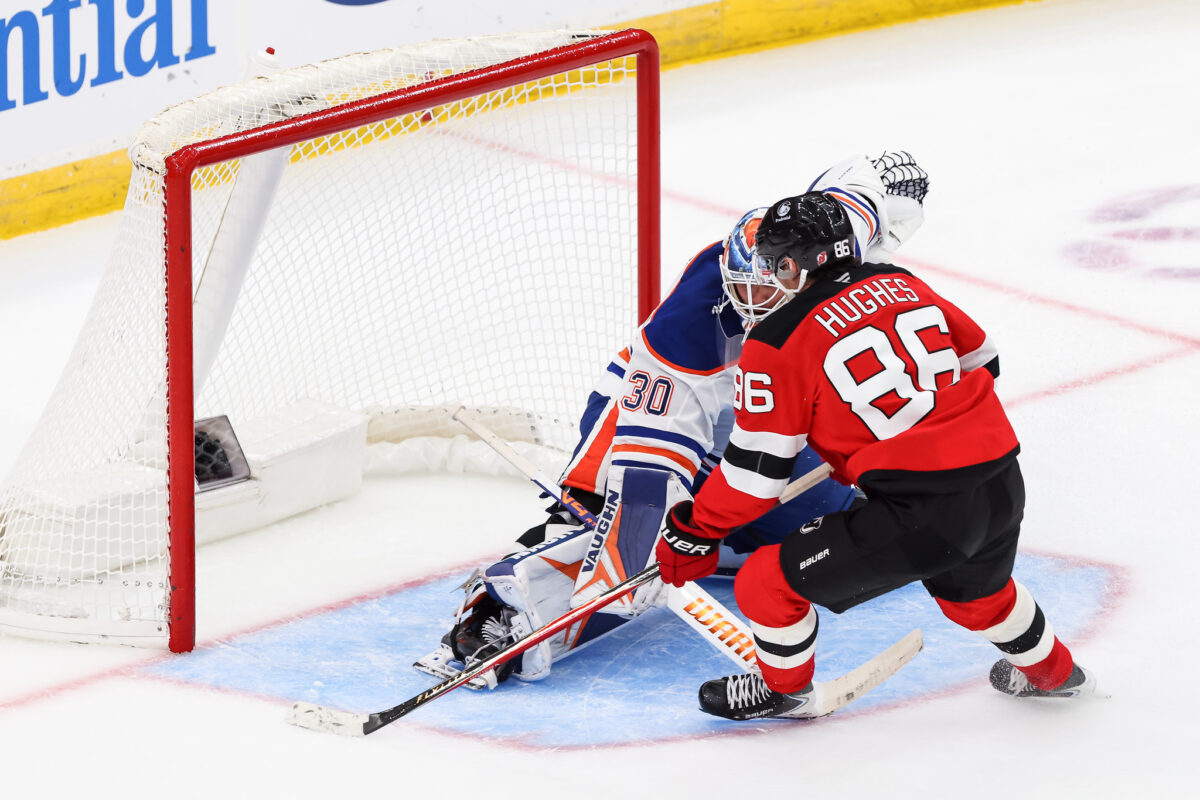 Jack Hughes New Jersey Devils Calvin Pickard Edmonton Oilers