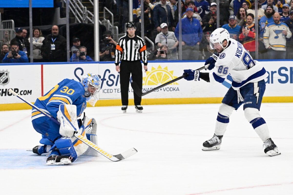 Joel Hofer St. Louis Blues Nikita Kucherov Tampa Bay Lightning