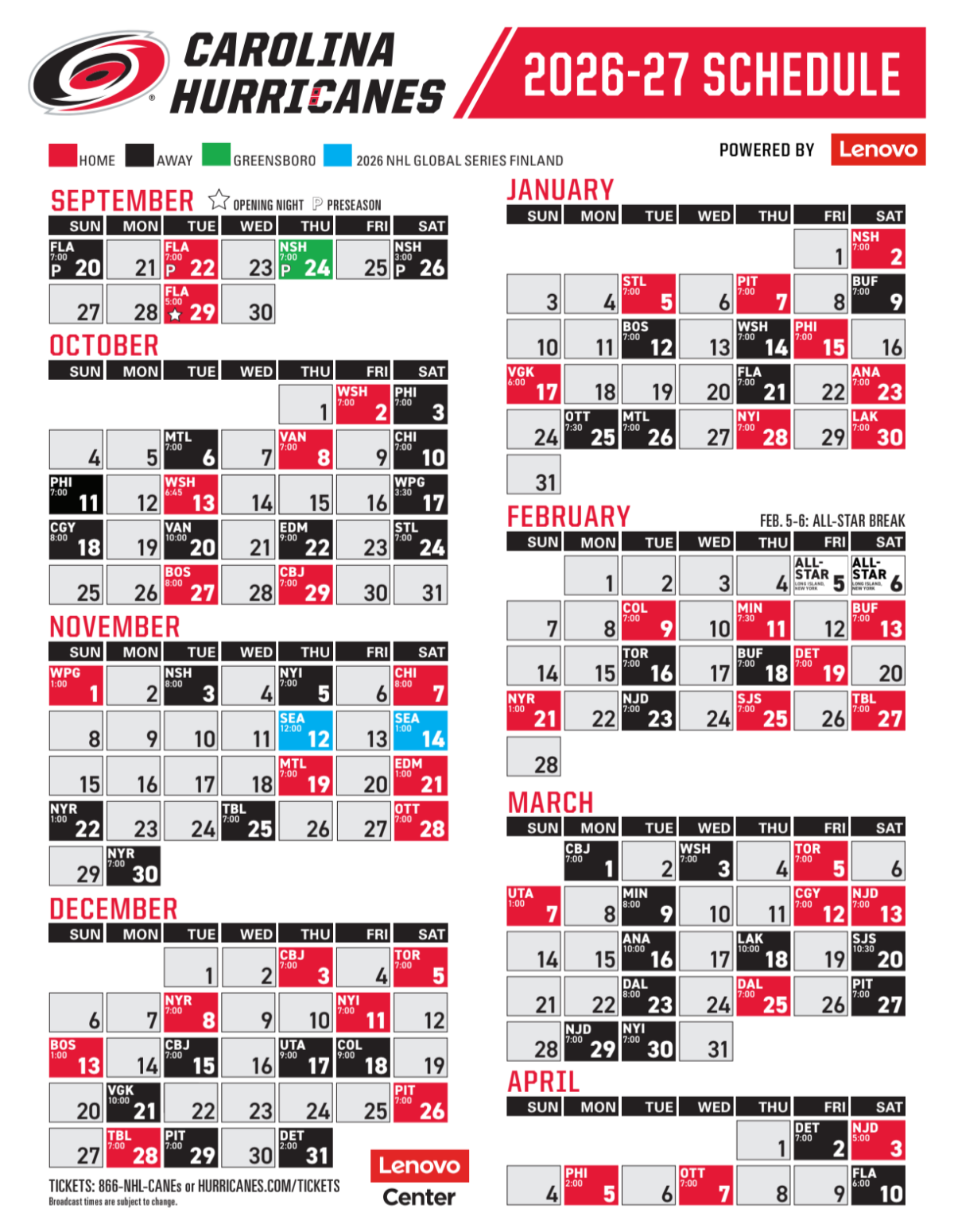 Carolina Hurricanes, NHL Schedule